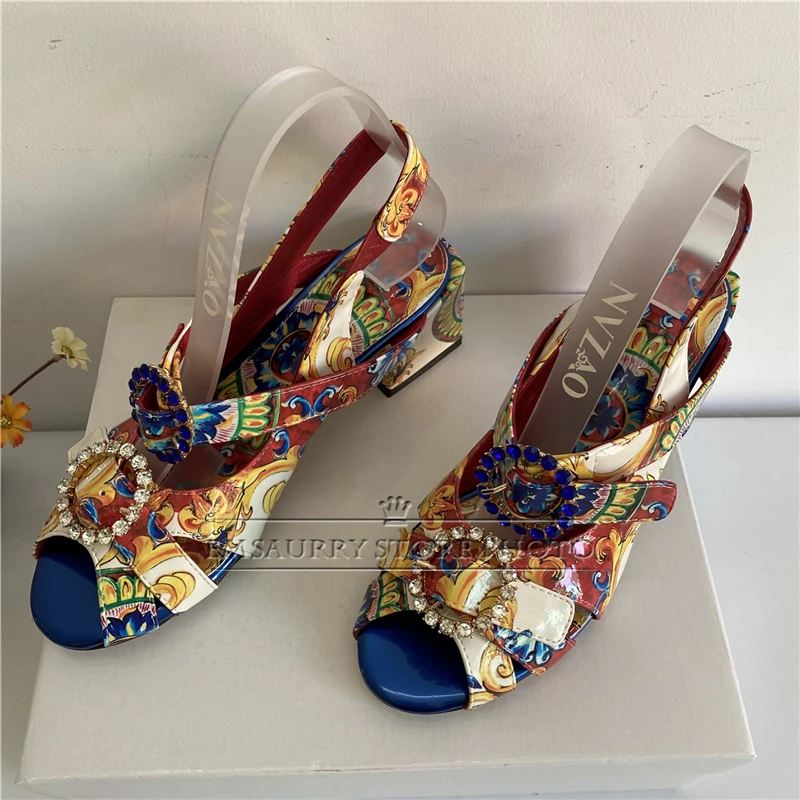 Exotic Summer 2024 Printed Color Sandals Women Ankle Strap Sexy Open Toe Square Heel Rhinestone Buckle Banquet Shoes Woman