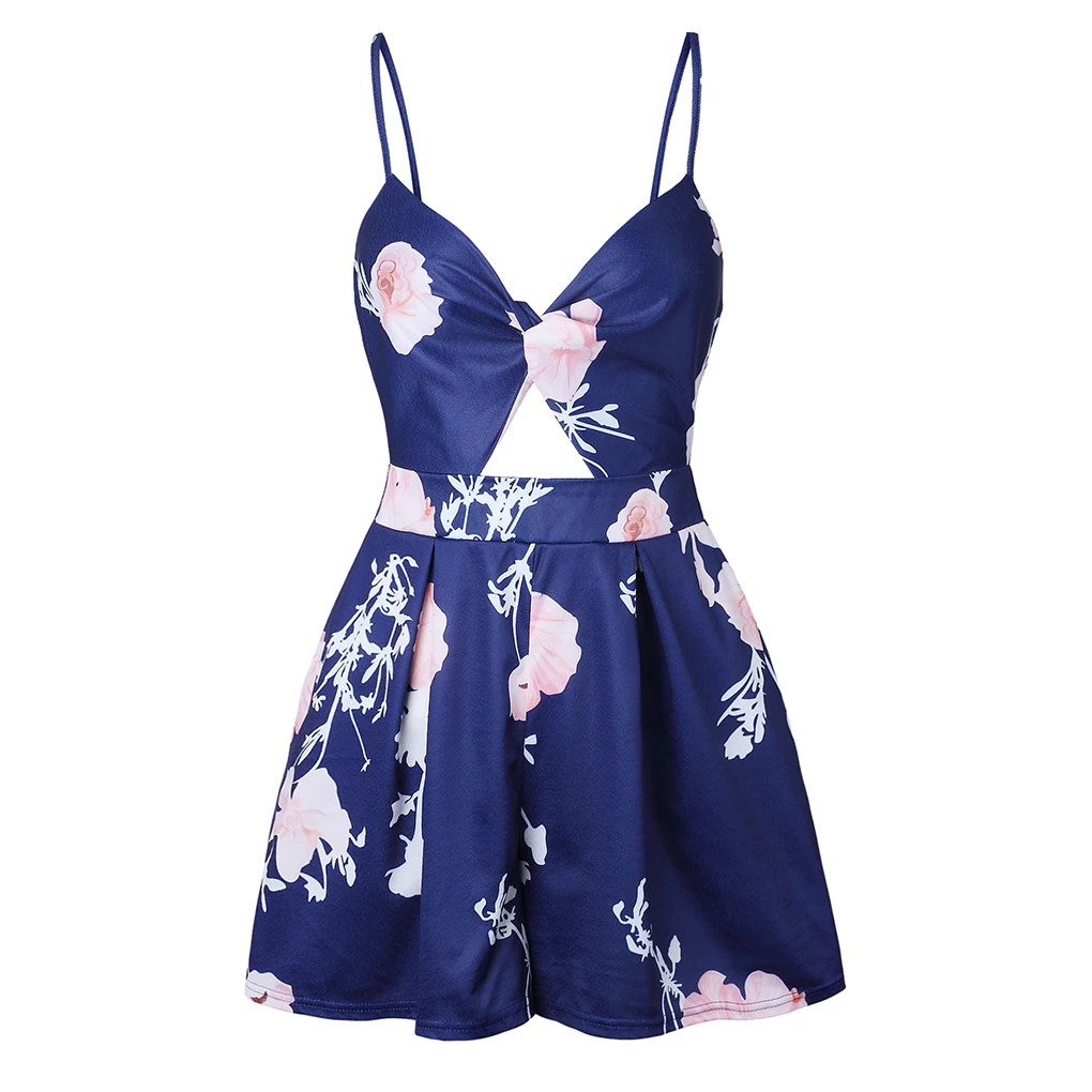 

Women Floral Sphaghetti Strap Girl Cut Out Shorts Backless Bowknot Romper Jumpsuit