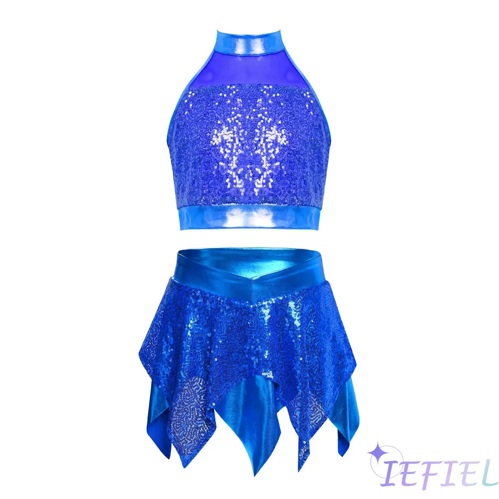 

Sparkly Sequins Hip Hop Crop Top Set for Kids Girl Sleeveless Keyhole Back Top with Skirt for Jazz Cheerleader Dance Performance