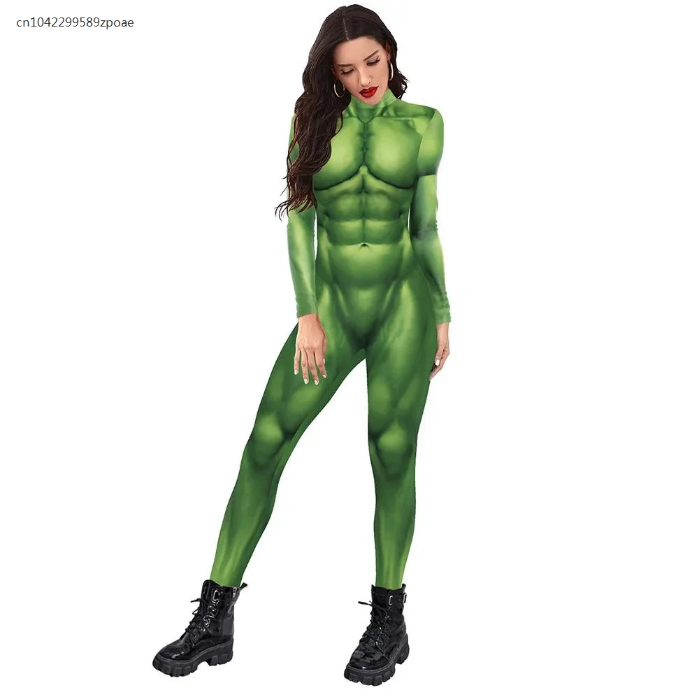 

Halloween Green Muscle Bodysuit 3D Printed Long Sleeve Women Costume Sexy Tight Stretch Bodysuit Muscle Cosplay Costume 2025