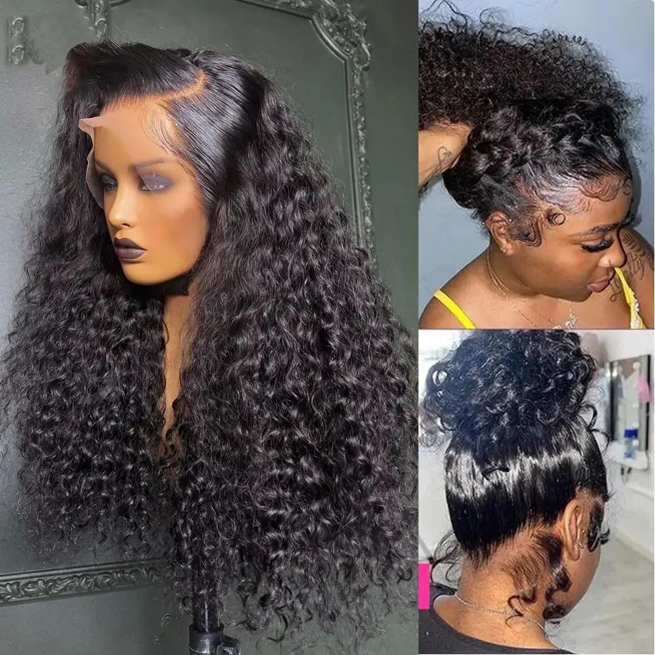 Peruca longa e encaracolada dianteira do laço para mulheres, 26 ", preto, sem cola, macio, densidade 180, cabelo do bebê, sintético, pré-arrancado, resistente ao calor