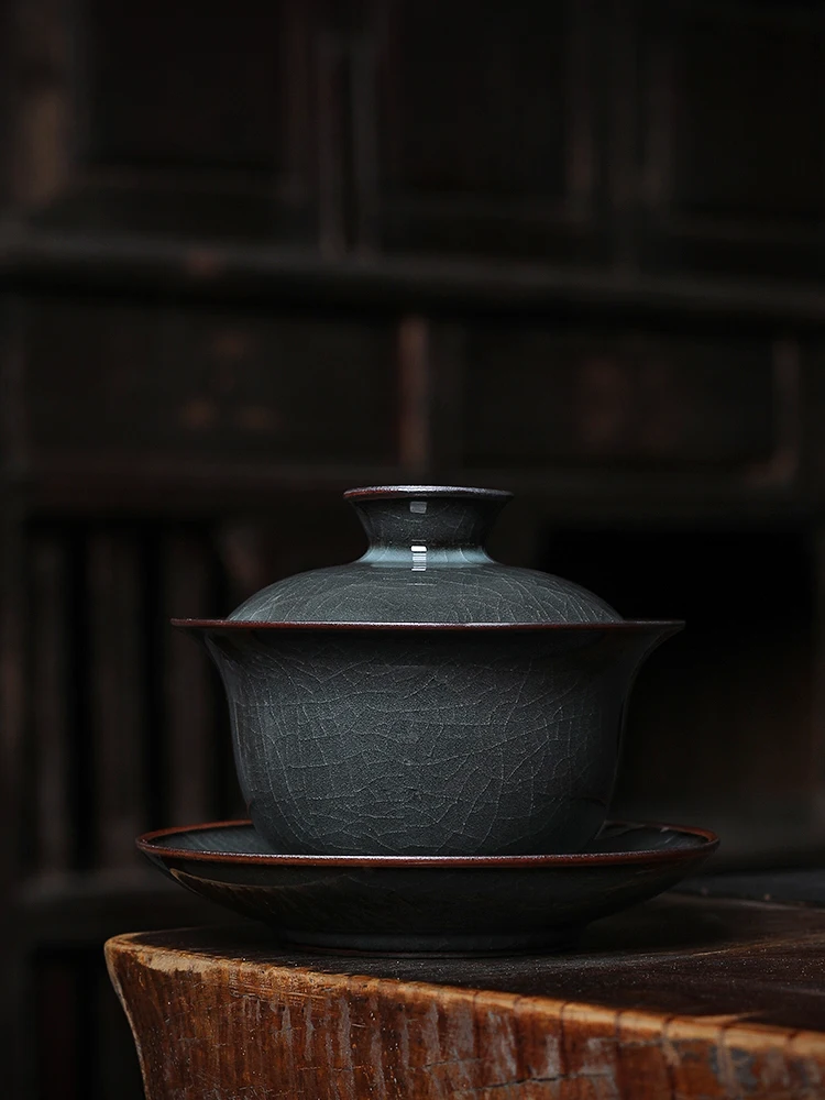 

Handmade Blue Porcelain Ceramic Gongfu Tea Set Ice Crack Cover Bowl Tea Cup Anti-Scalding Single Home Use from Longquan