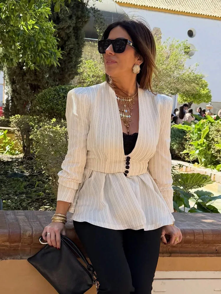 

HH 2026 Women Spring Long Sleeve Striped Short Skirt Style Hem Blazer Coat Woman Fashion Single Breasted V-Neck Casual Jacket