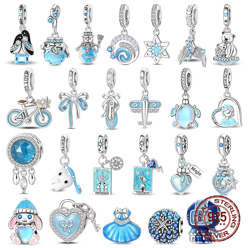 

Blue Series Original 925 Sterling Silver Charm Bead CZ Zircon Robot Penguin Turtle Pendant Gift Fit Bracelet Jewelry DIY Marking