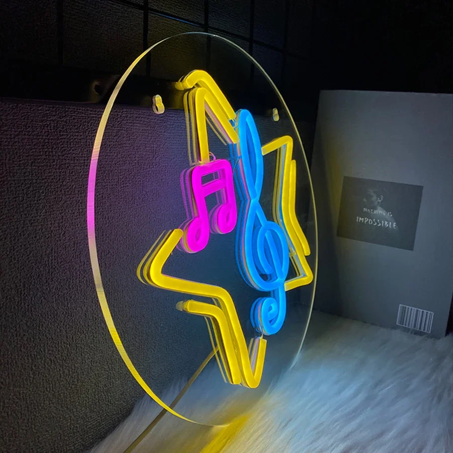 Neonschild zur Musiknotation, Musikkunst, Wand, fünfzackiger Stern, LED-Logo, Nachtlicht, USB-Stromversorgung, Bar, Musikraumdekoration.