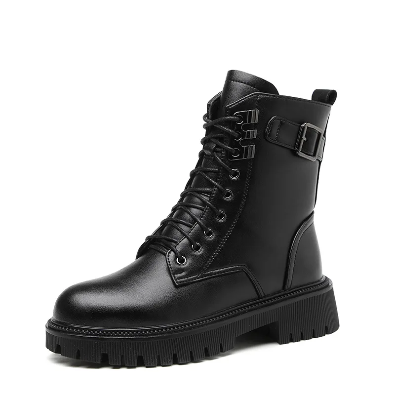 

2025 Autumn/Winter New Style Fleece Belt-buckle Ankle Boots British Style High-top Thick-soled Lace-up Riding Boots for Women