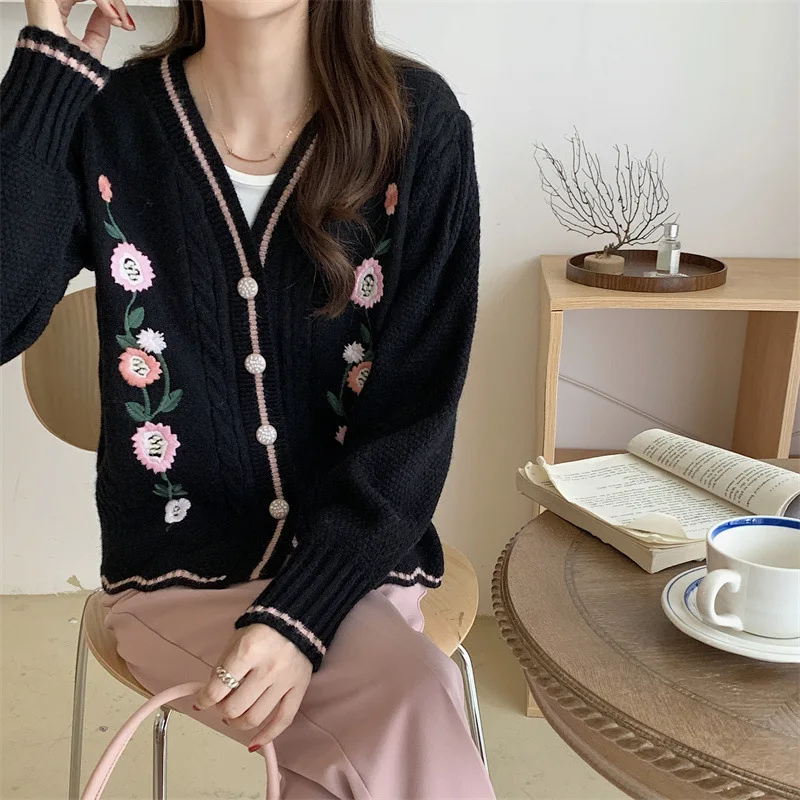 UHYTGF Knitted Cardigan Women's Sweater Coat Quality Cashmere Autumn Sweaters Jacket Female Fashion Embroidered Ladies Tops 1872