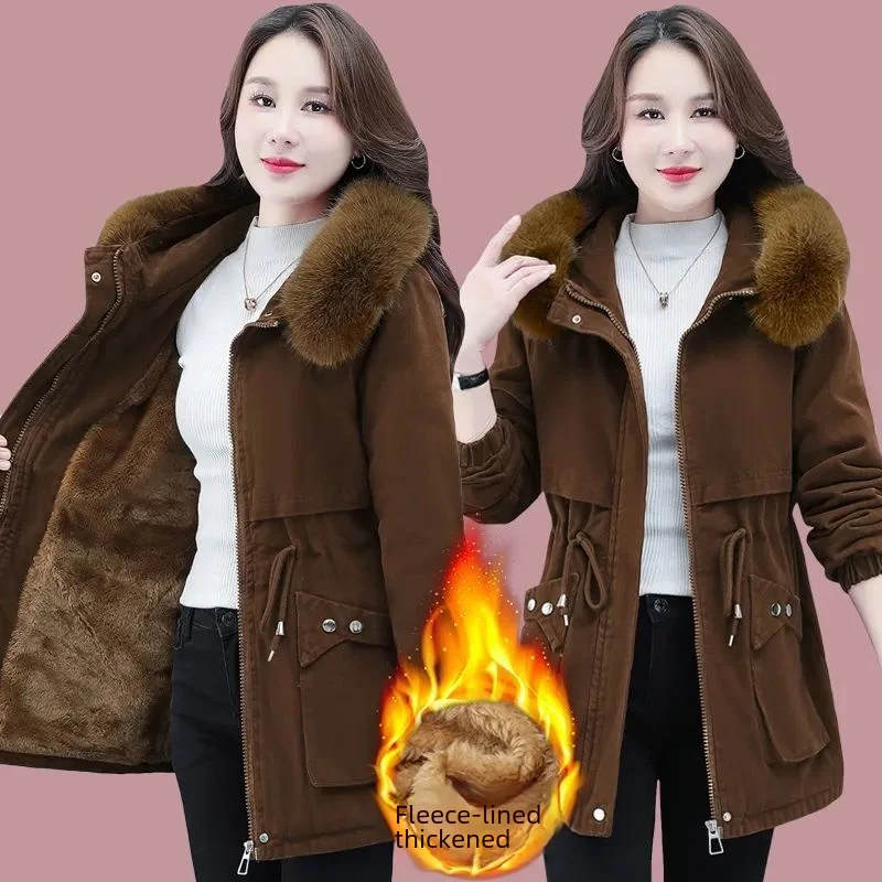 Thickened Cotton-padded Winter Coat Women's Loose-fit Fleece-lined Down Jacket Medium-length Parkas For Cold Weather