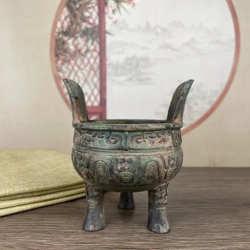 Antique- three-legged tripod incense burner with animal face patterns, Western Zhou Dynasty style, for home decoration and