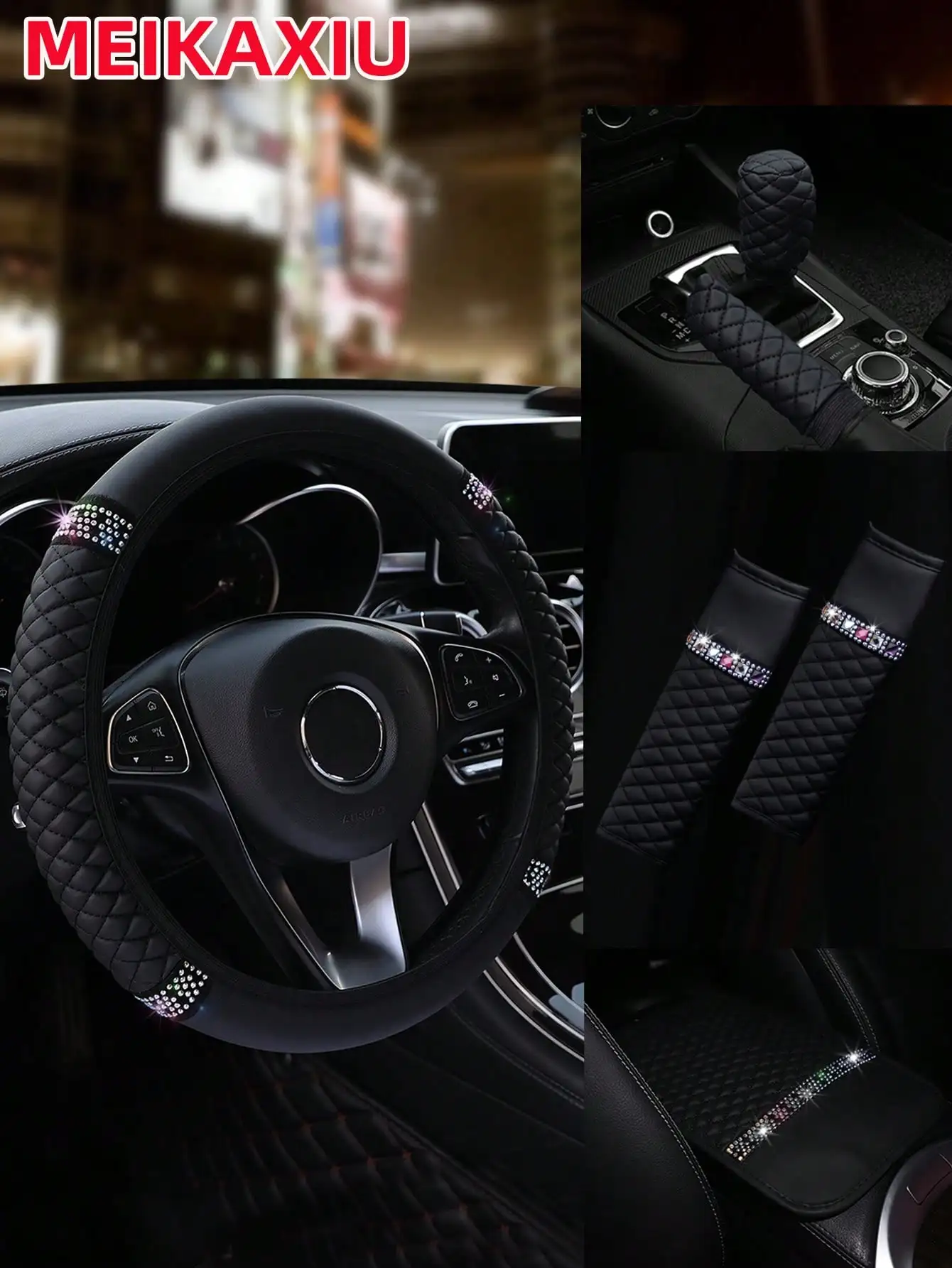 

Комплект из 6 предметов для салона автомобиля: черные стеганые накладки со стразами для руля, рычага КПП, ручного тормоза и подлокотника