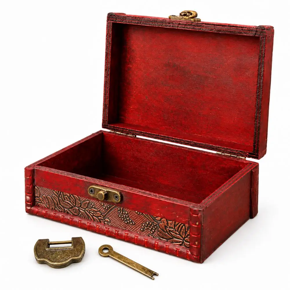 Vintage Treasure Chest Box Brown Lock and Key Jewelry Box Hinged Lid Wooden Keepsake Storage Box Desktop Keepsake Storage Decor