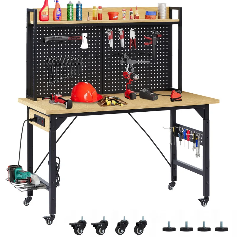 48''Adjustable Workbench with pegboard, Heavy Duty Wooden Desktop Workbench with Wheels, 1600 lb. Load Capacity, Rolling Workben