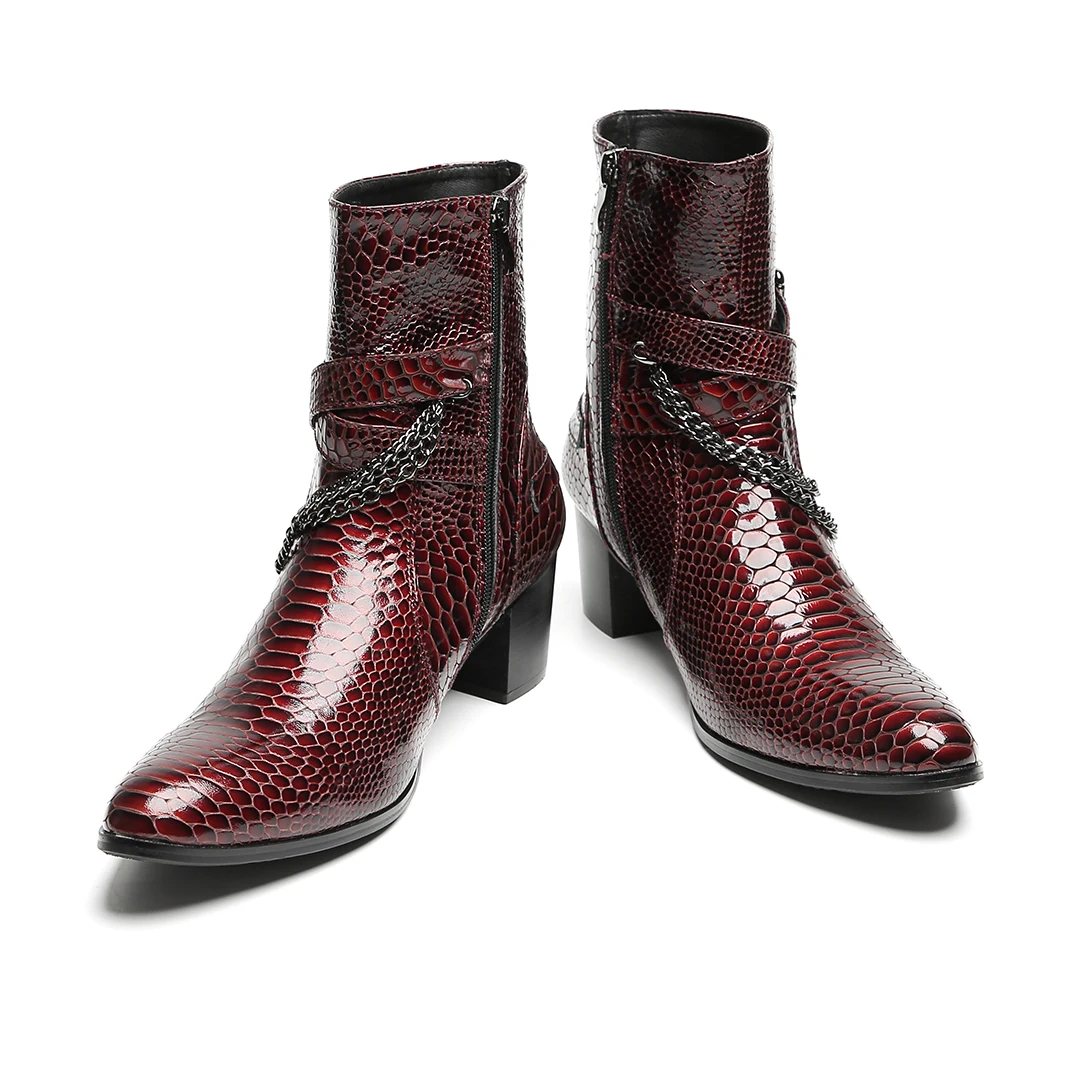 Herren-Stiefeletten aus burgunderrotem Schlangenleder: Kette, Schnallen, Reißverschluss, Blockabsatz | Partys, Bühne, Straße | Rock-Punk-Stil – Detail 6