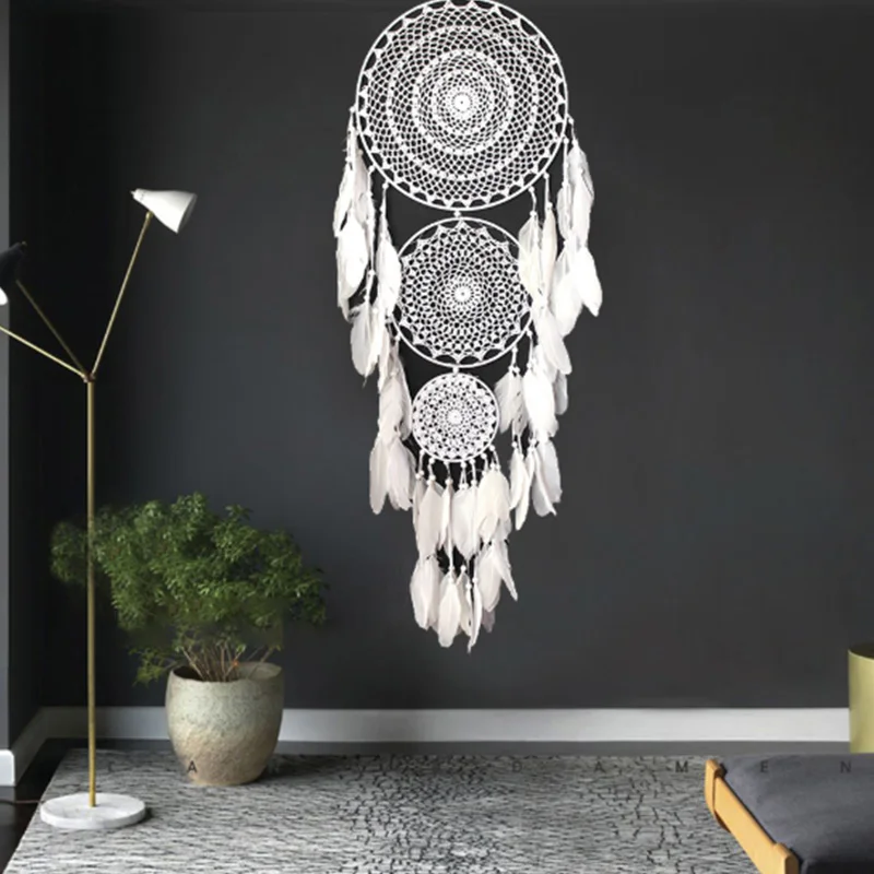 

Extra Dream Catcher with 3 Circles White Feather Macrame 127 cm Long
