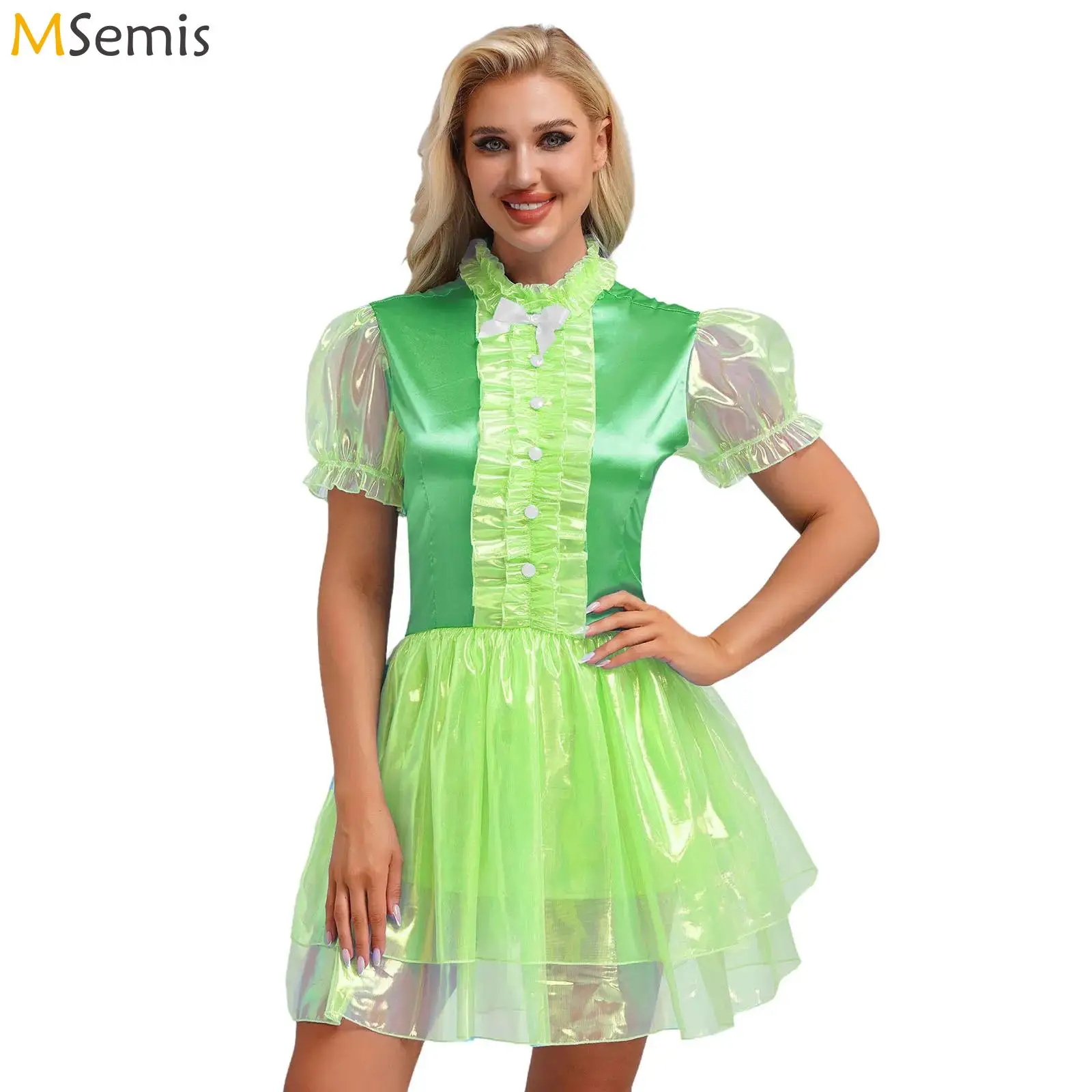 

Women Sweet Maid Princess Dress Puff Sleeve Puffy Dress Ruffled Frilly Tiered Tutu Dress Halloween Birthday Cosplay Costume