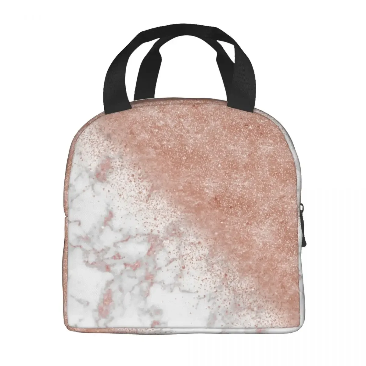 Custom Elegant Faux Rose Gold Confetti White Marble Lunch Bag Women Warm Cooler Insulated Lunch Box for Kids School Children