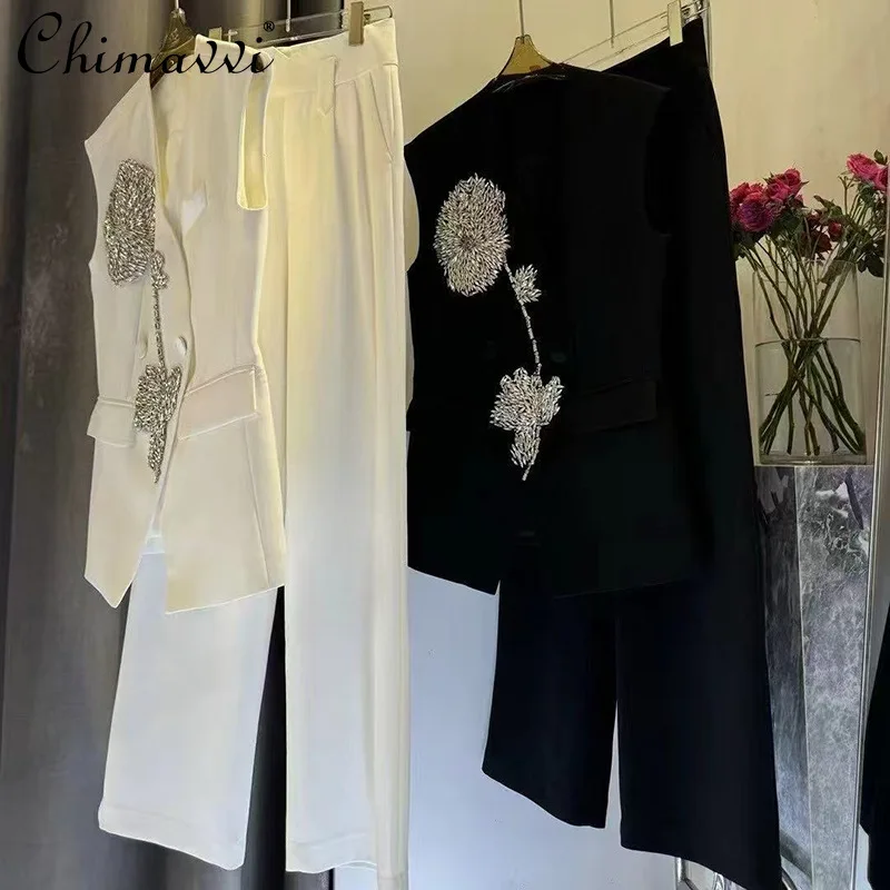 

High-end Fashion Pant Two-piece Set Summer Heavy Sleeveless Nail Diamond Flower Top High Waist Wide Leg Trousers Women Outfits