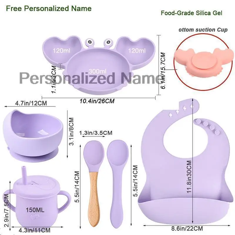 8Pcs Silicone Feeding Bowls Crab Plate Personalized Name Children Silicone Tableware Sucker Bowl Plate Tray Feeding Bibs Apron