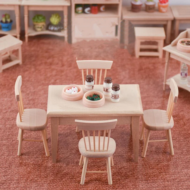 1/12 Miniature Dollhouse Furniture Wooden Dining Table Chair Simulation Toy