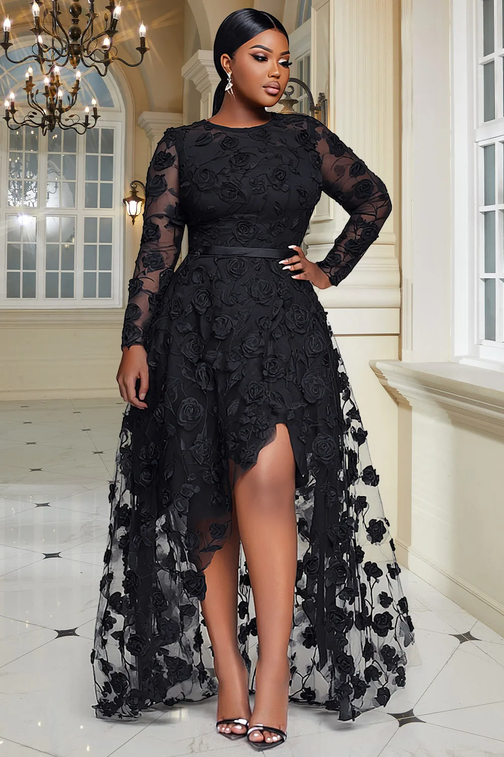 

Plus Size Prom Black Round Neck Long Sleeve Asymmetric Hem Elegant See Through Lace Maxi Dresses