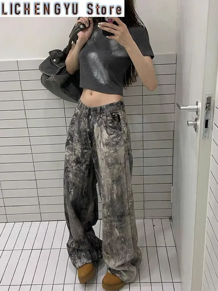 

Women's Camouflage Splashed Ink Print Unisex Pants Wide Legs Jeans Young Girl Street Bottoms Female High Waisted Denim Trousers