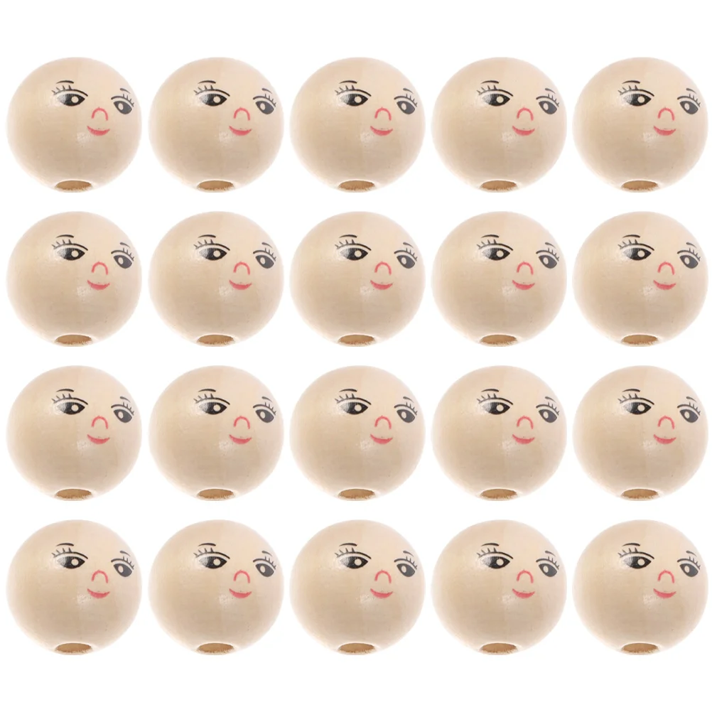 Beads With Face Round Wooden Smile Face Beads Wood Loose Round Spacer With Hole DIY Children\'S Beads Log Color Face Head