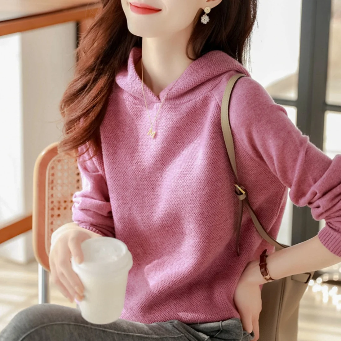 Fashion versatile hooded cashmere sweater women's casual  hoodie Spring and autumn pullover loose top wool hoodie