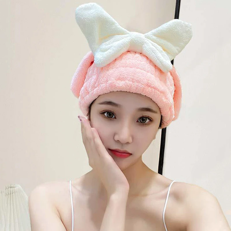 Coral Velvet Hair Drying Towels Super Absorbent Turban Hair Towel Cap Quick Dry Head Wrap Bow-Knot Shower Cap For Wet Hair