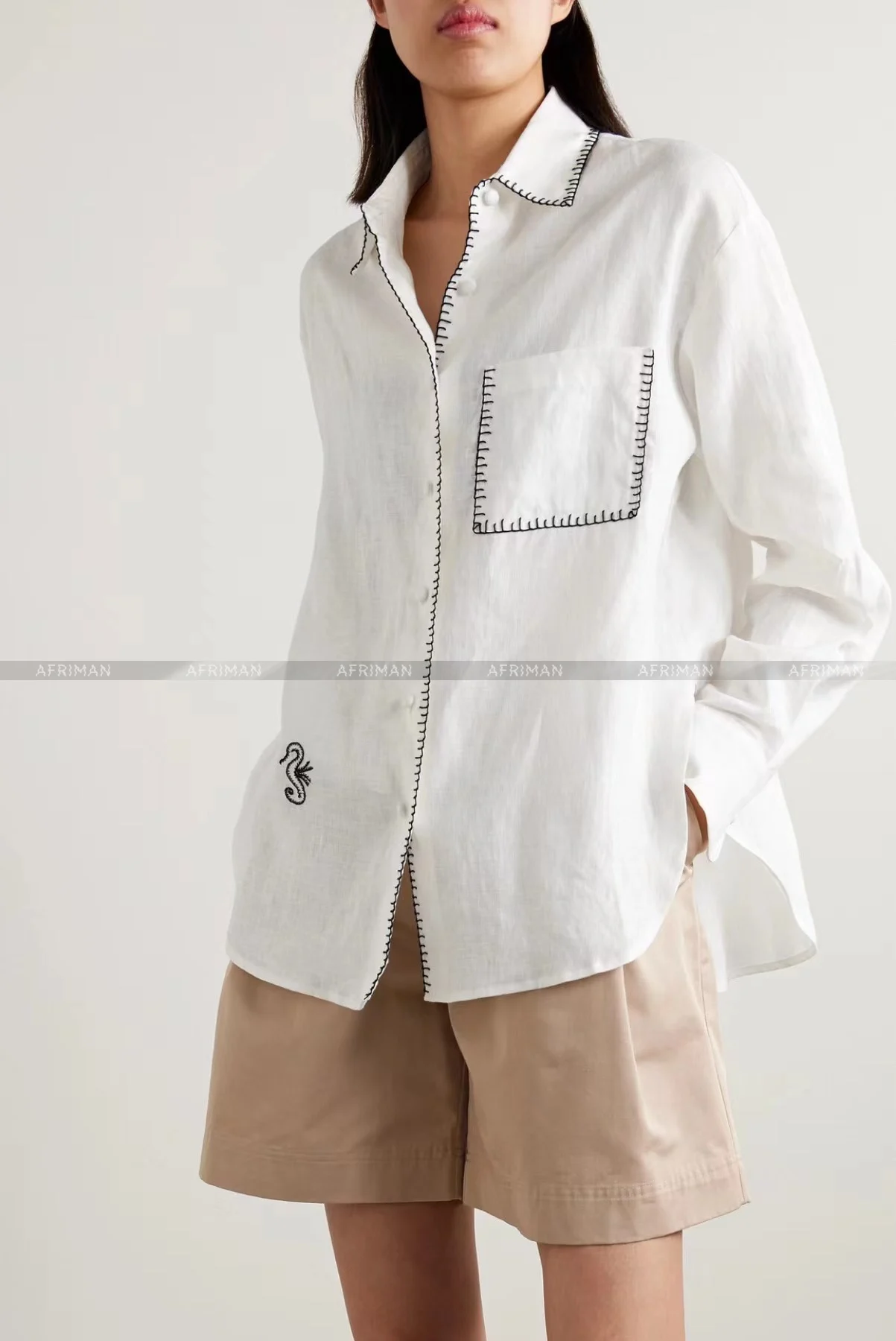 Chemise brodée à bord cousu à la main pour femme, lin lavé au sable, automne, nouveau, 2024