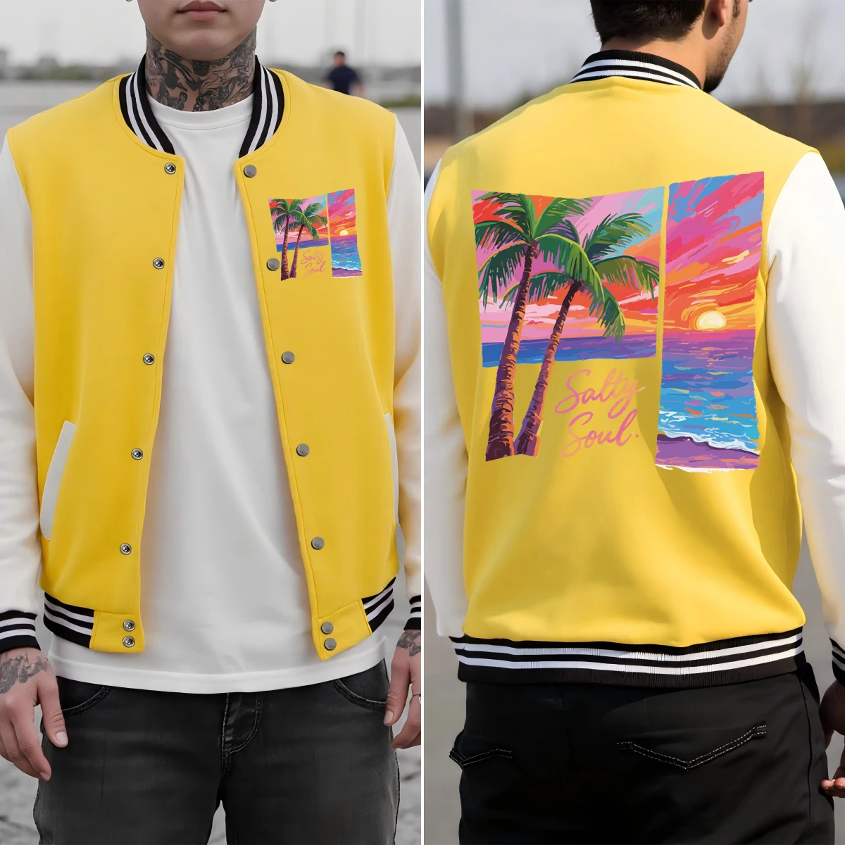 

Salty Soul Beach Coconut Tree Sunset Print Men Jackets Button Baseball Uniform Cotton Loose Clothes Autumn Colorful Sportswear