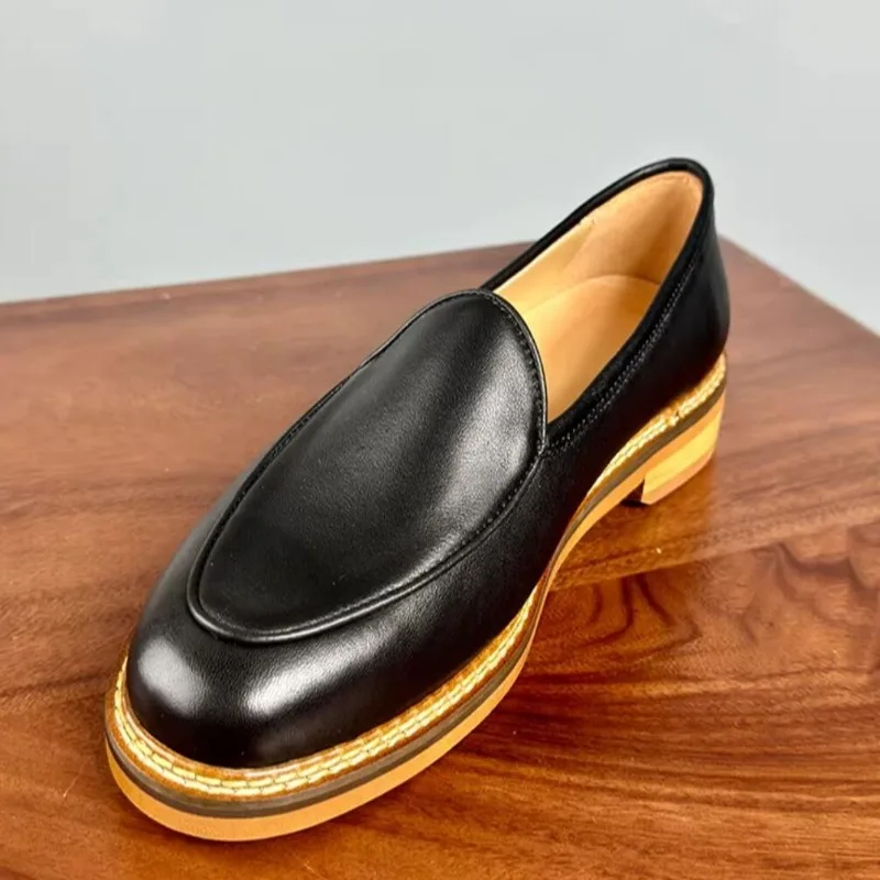 Retro Shallow Mouth Slip-on Breathable Cowhide Loafers Men Casual Lightweight Round Head Thick Bottom Leather Shoes Flats