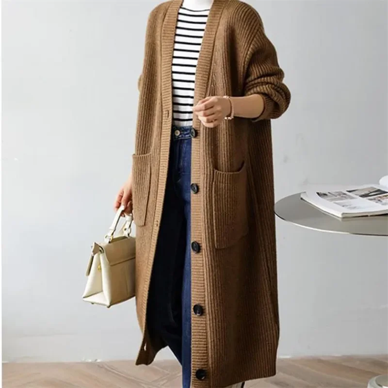 Women V Neck Solid Knitted Cardigan Sweater Casual Vintage Long Sleeve Fashion Coat Fashion Long Tops Autumn Winter New