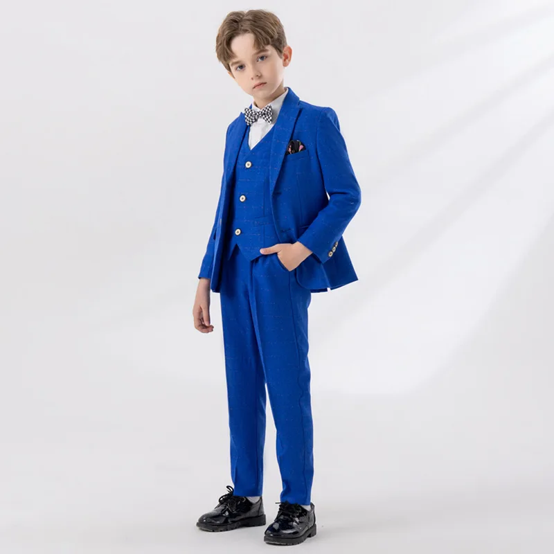 Flower Boys Royal Blue Jacket Vest Pants Bowtie 4PS Piano Party Dress Kids Ceremony Photograph Suit Children Performance Costume