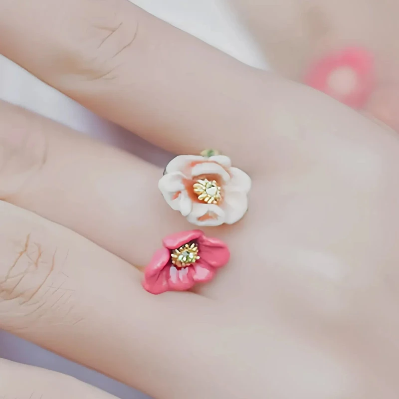 

Fashion Fairy Countryside Style Handmade Enamel Pink Flower Niche Design Cute 3D Blossom Adjustable Copper Ring Jewelry for Girl