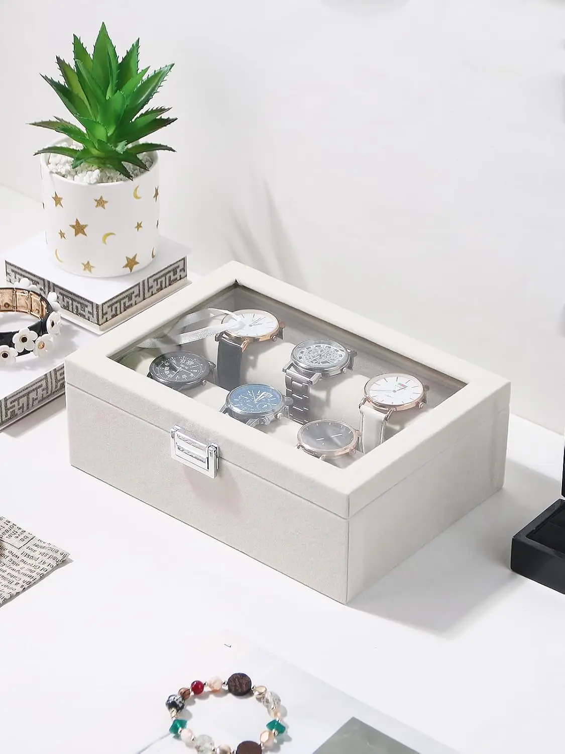 Bracelet Holder Organizer Box, Jewelry Storage Case with 2 Rods, Bangle Watch Display Tray for Women Girls (Beige)