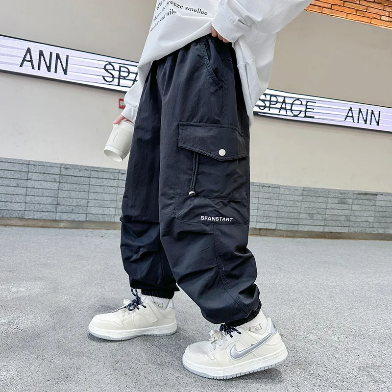 

Boys Cotton Linen Cargo Pants for Kids Summer and Autumn Solid High Waist Straight Trousers Child Casual Trackpants with Pocket