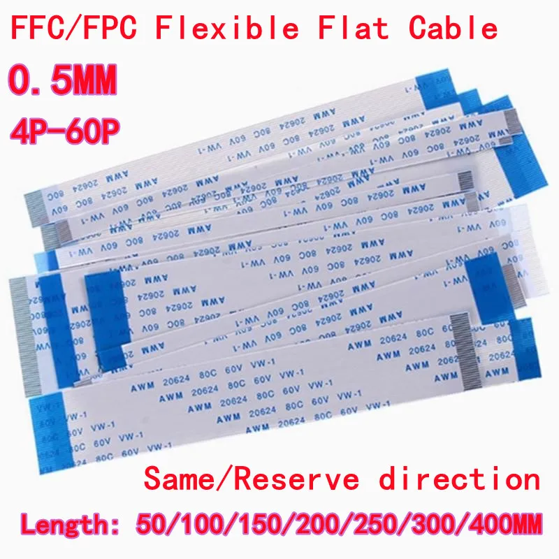 10 peças 0.5mm ffc/fpc cabo plano flexível fios planos 6/8/10/12/16/20/26/30/40/50 pinos 20624 80c 60v 10/15/20/30cm