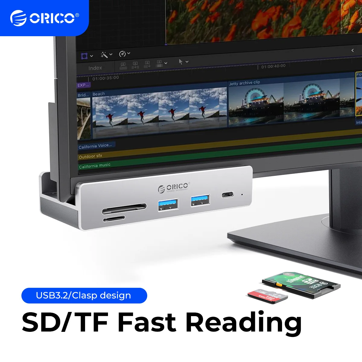 

ORICO 6 in 1 High Speed USB 3.2 Data Transmission Aluminum Clip on HUB with Power Supply for MAC OS PC Desktop with TF Card Slot