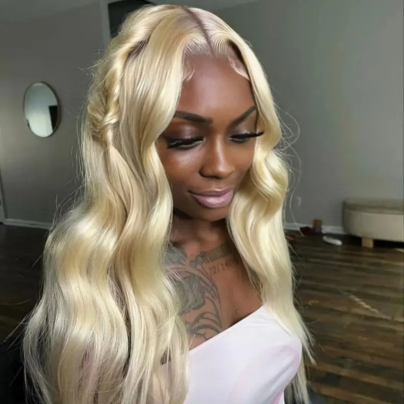 Perruque Lace Front Wig Body Wave Brésilienne Naturelle, Cheveux Humains Colorés, Blond 613 HD, 13x6, 13x4, Transparent At