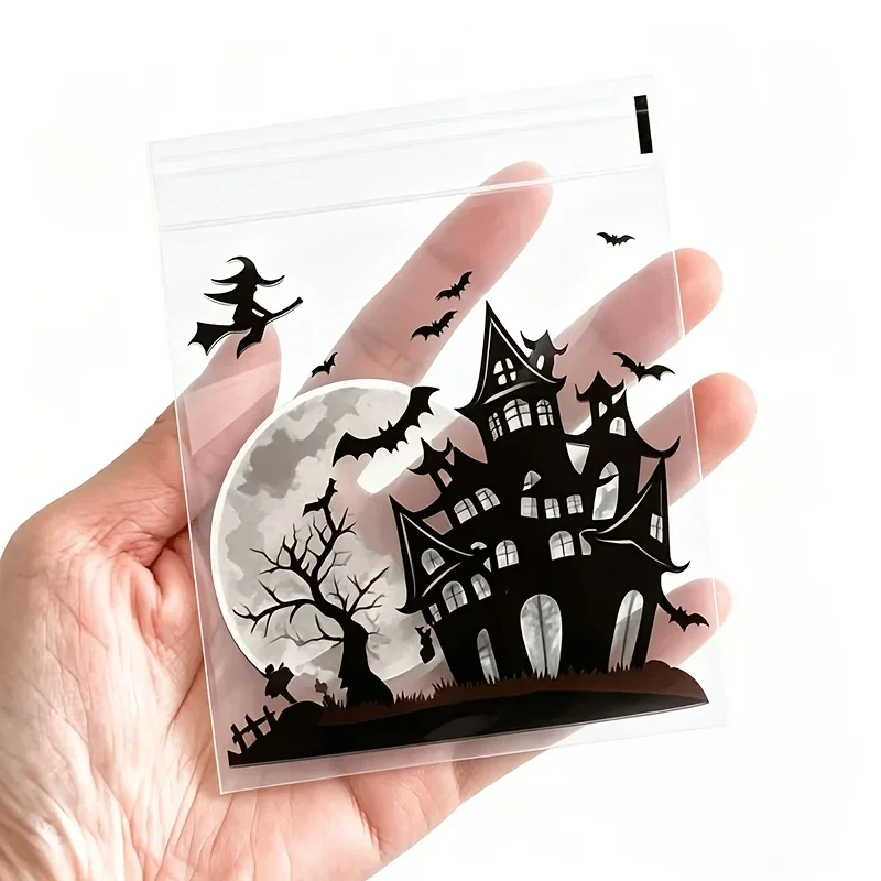 100 Stück kleine Halloween-Leckerlibeutel, transparente selbstklebende Süßigkeitentüten, Plastik-Kekstüten für Süßes oder Saures, Halloween-Geschenktüten – Detail 9