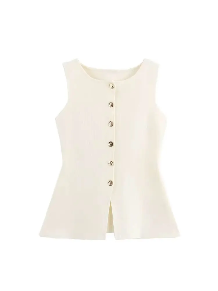 

HH 2024 Women's Commuting Style Elegant Vest Sleeveless Round Neck Solid Color Single Breasted Knitted Tops Causal Cozy Top