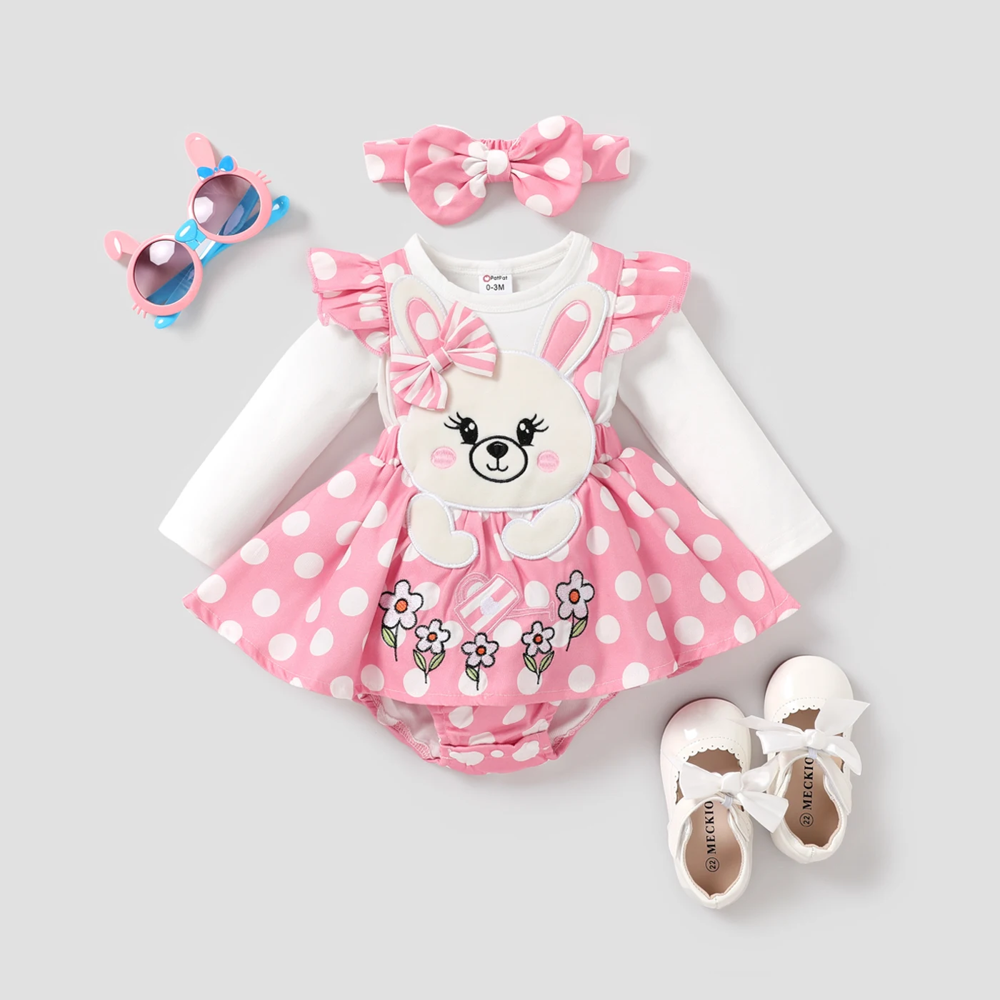 PatPat Baby Girl Rabbit Pattern Ruffle Long Sleeve Romper