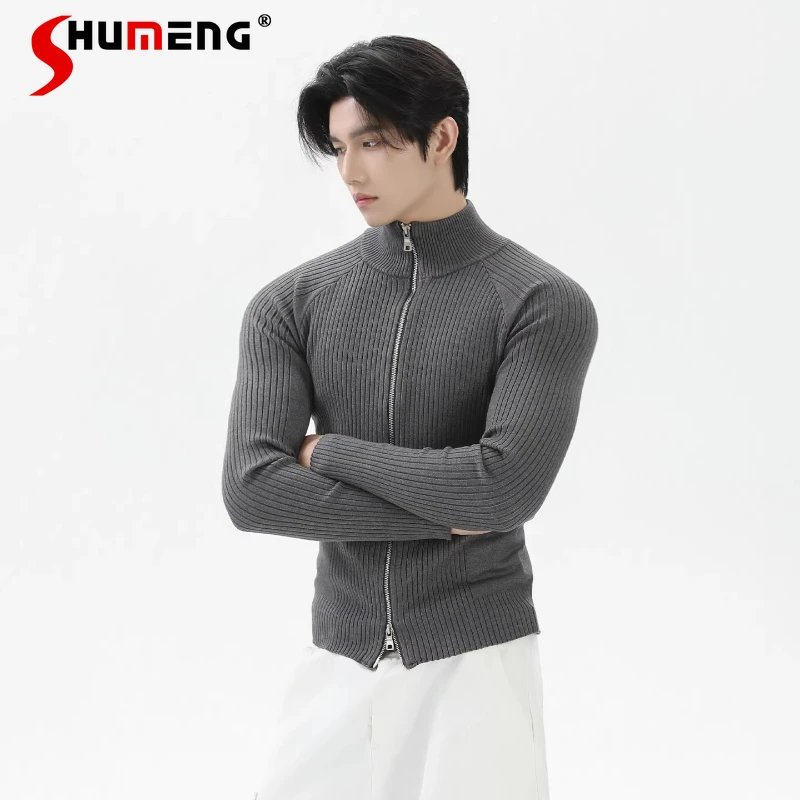 

Men's 2026 Spring Simple Stand Collar Slim Fit Knitted Cardigan Solid Color Double Zipper Sweater Jackets Comfort Knitted Tops