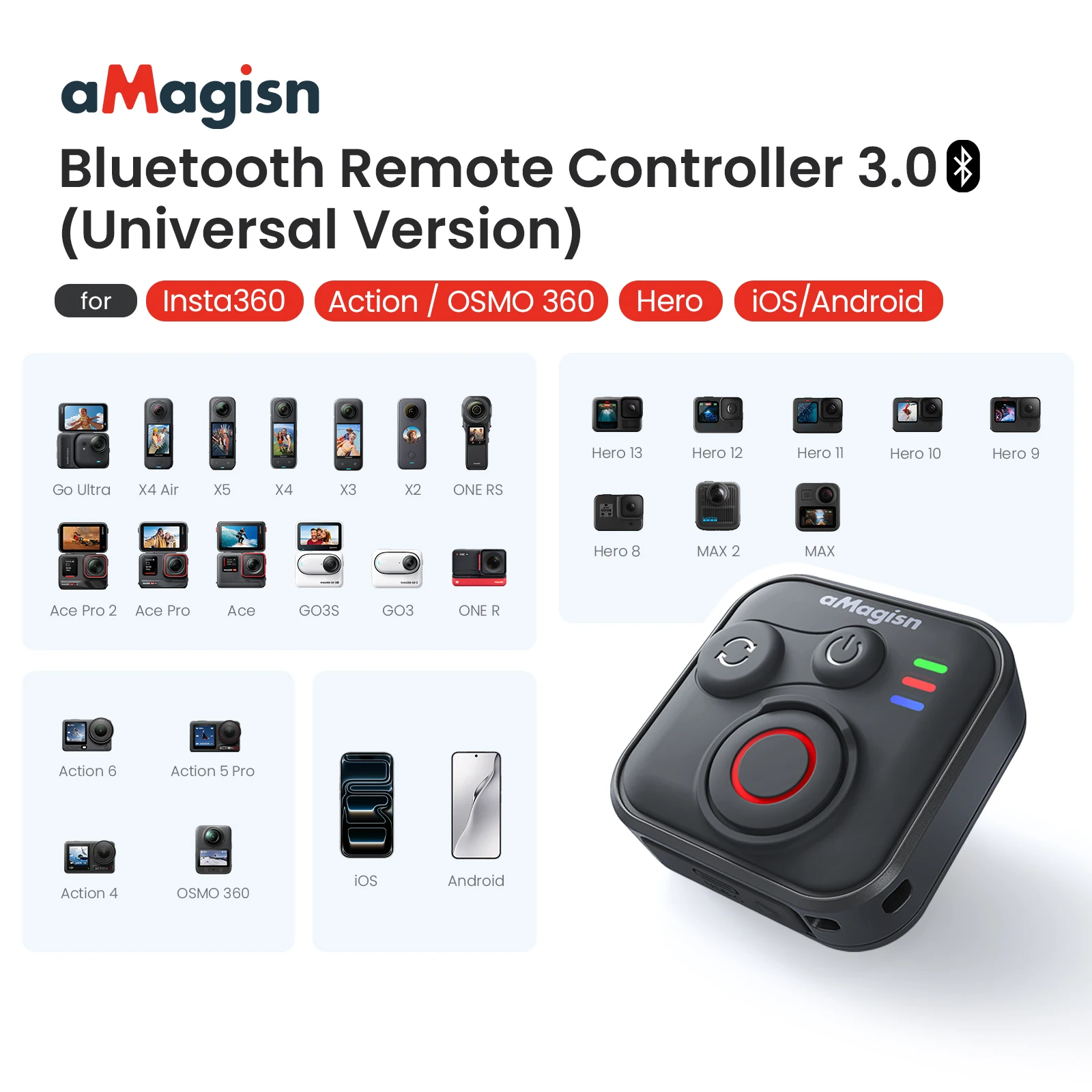 

aMagisn 50m & 96H Bluetooth Shutter Remote For lnsta360 go ultra/X4 Air/X5/X4/X3/AcePro2/GO3S/GoPro/DJI ACTION 3 4 5 6/OSMO 360