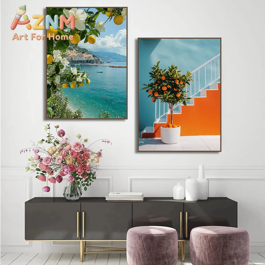 Retro Mediterranean Greece Landscape Poster Canvas Painting Wall Art Pictures Home Decoration Italian Lemon Orange Olive Tree