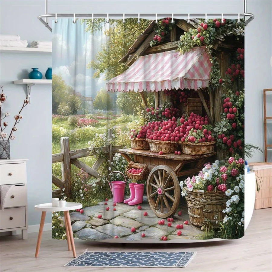 

"Русская подставка для фруктов, занавеска для душа - очаровательная деревенская сцена с ягодами и цветами, водонепроницаемая ткань для декора ванной комнаты, идеально подходит