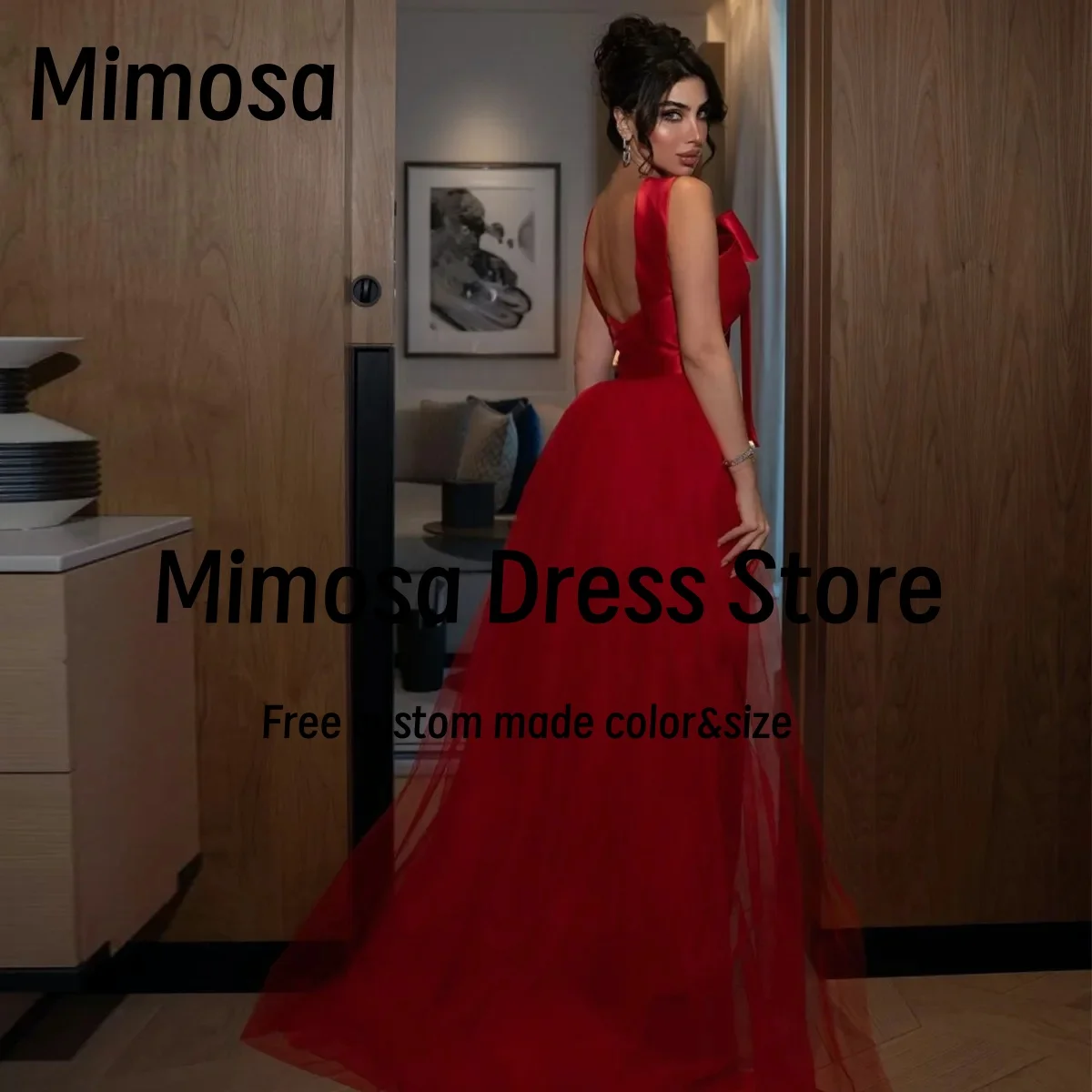 Vestidos de fiesta largos con cuello de lazo grande Mimosa, vestido de noche tipo tubo con cola de tul, vestidos formales para ocasiones especiales, personalizados