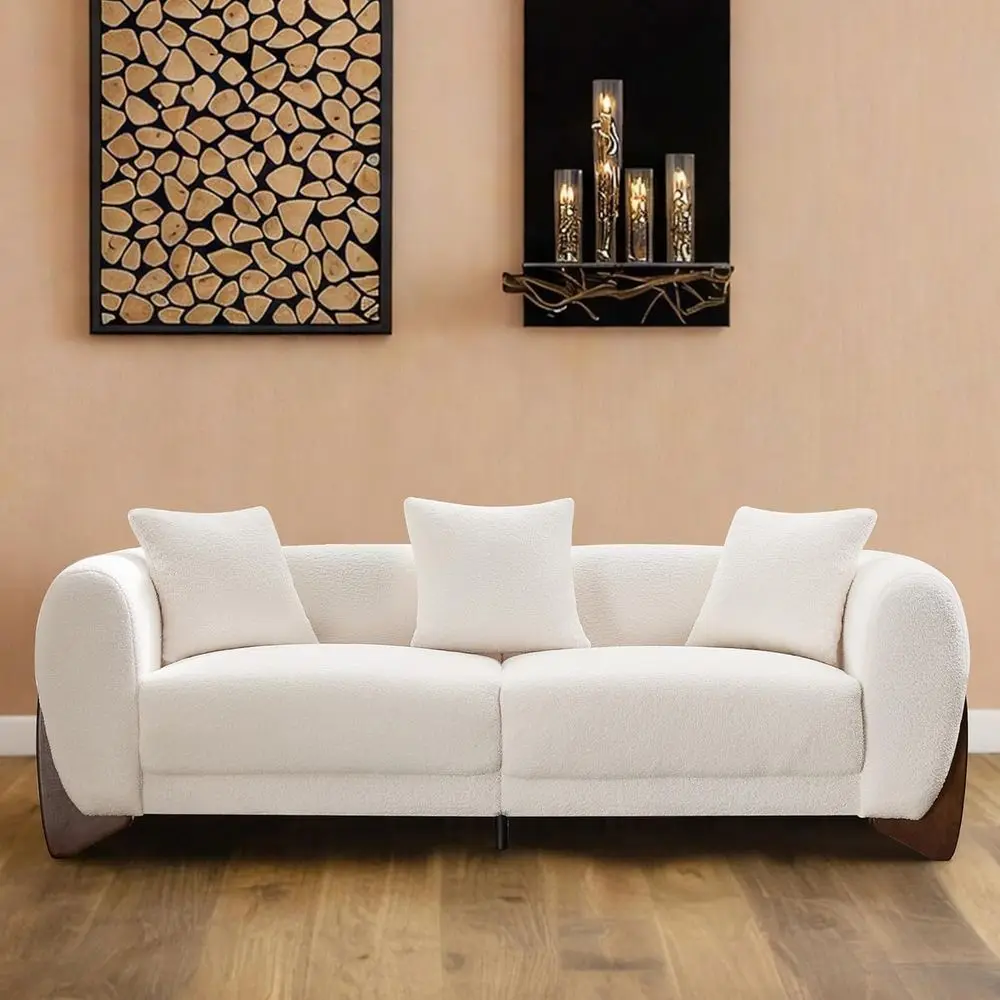 

3 Seater Boucle Sofa with Solid Wood Legs, 25in Deep Seat, Plush Cushions, Living Room, White