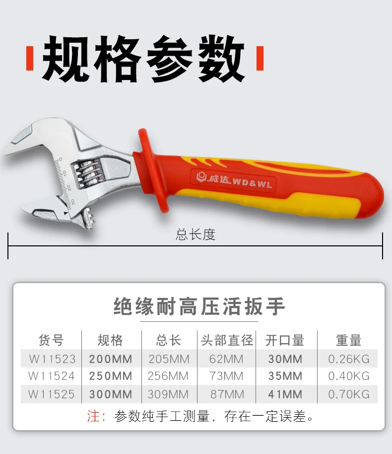 Heavy Duty Insulated Electrician Adjustable Wrench Cushion Grip and Nickel-Plated Surface Anti-Rust Motorcycle Repair Tools