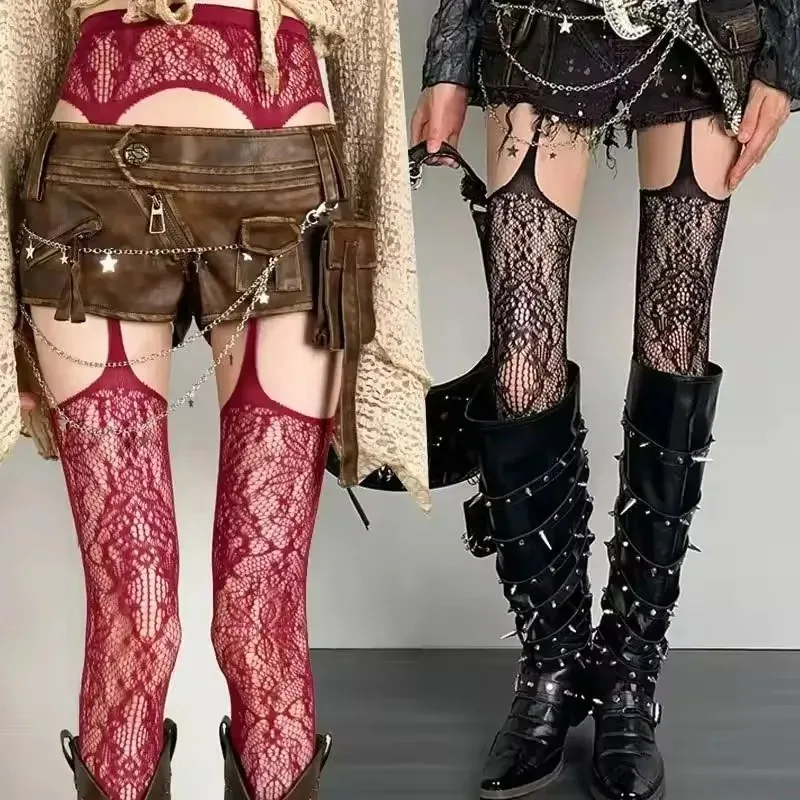 Women Lace Suspender Tights High Stretch Pantyhose Seamless Stockings Sheer Fishnet Breathable Tights Garter Belt Pantyhose